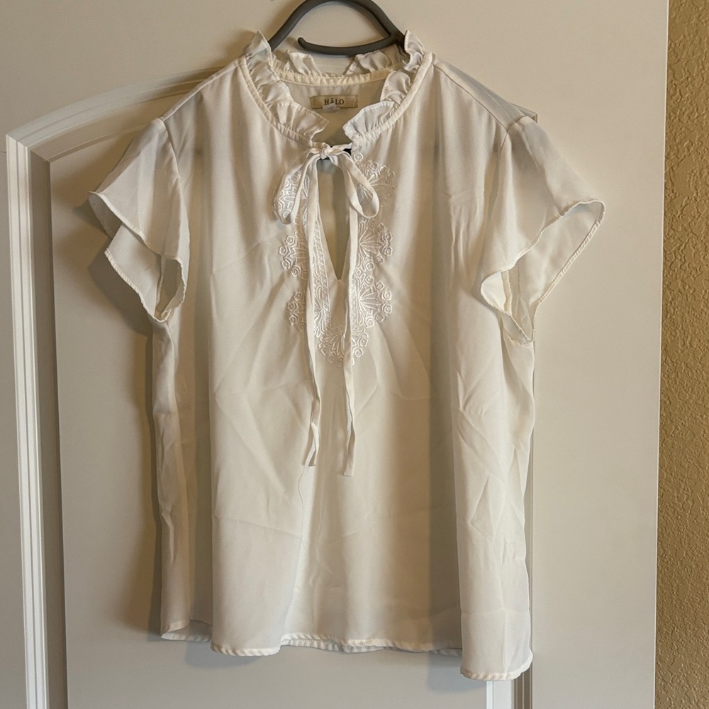 Halo White Blouse with Embroidered Tie-Front